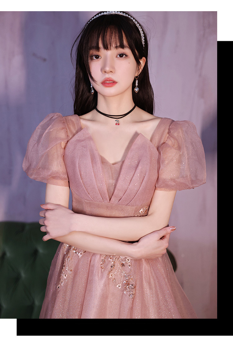 粉色晚礼服女长款简约少女气质平时可穿年会生日艺考声乐裙2021款