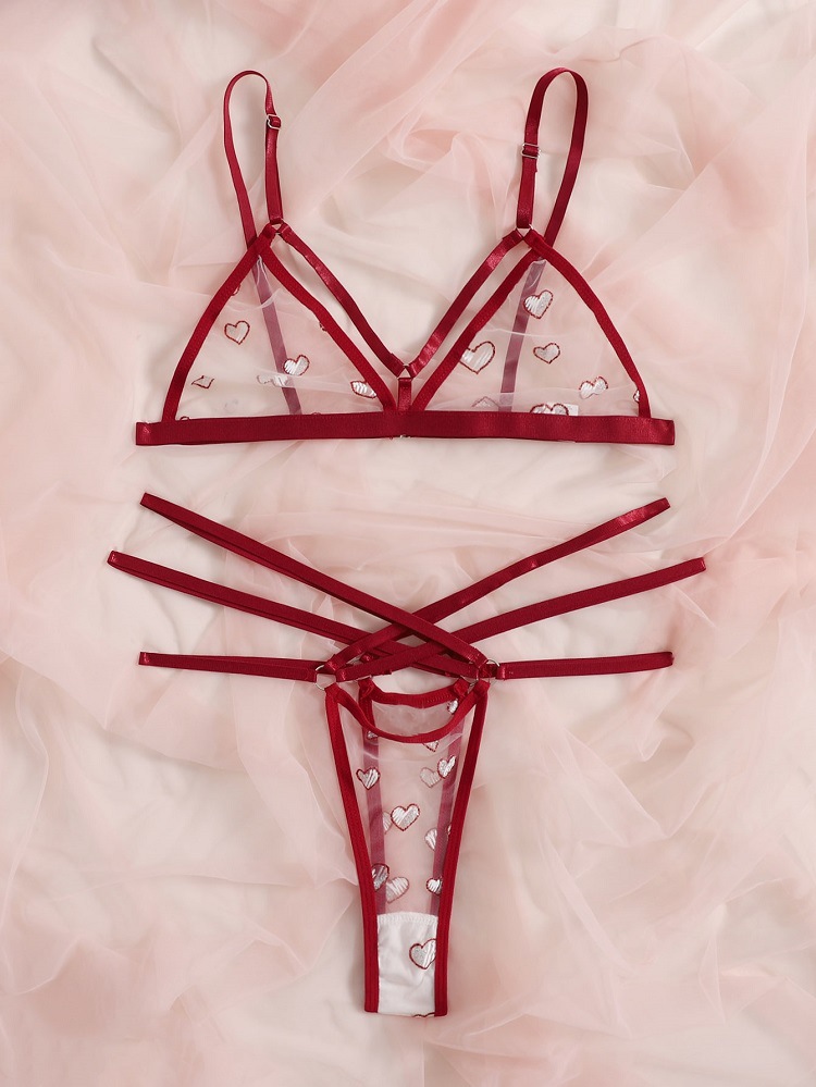 情趣内衣女 欧美外贸性感网纱透视爱心三点式情趣套装一件代发