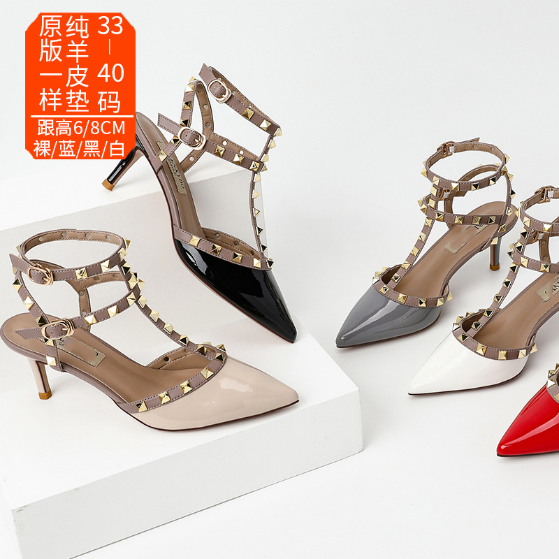 20a6-1b 包头高跟凉鞋女2024后空尖头高跟鞋夏季女铆钉鞋细跟