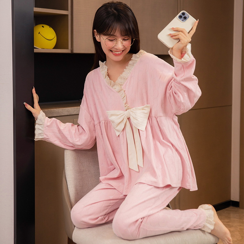 公主风睡衣女春秋季长袖新款蝴蝶结可爱舒适针织棉居家服套装