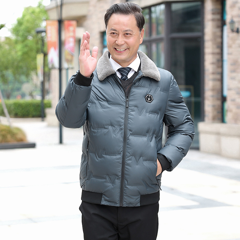 Dad Winter Clothes Coat Fleece-Lined Thickened Cotton Clothing Middle-Aged People's Warm Fur Collar down Cotton-Padded Coat Middle-Aged and Elderly Grandpa Cotton-Padded Jacket