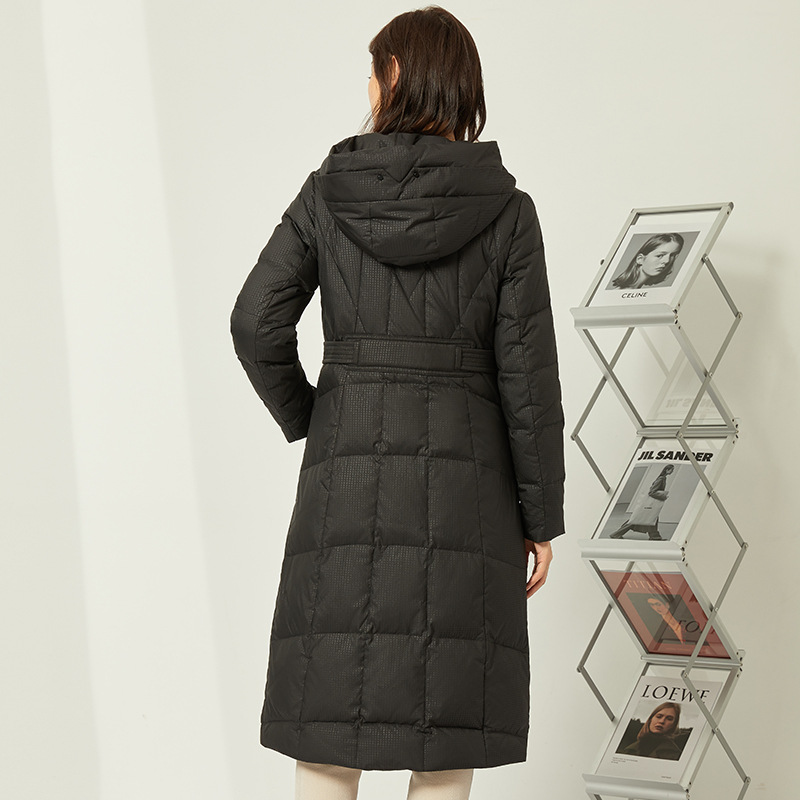 2023 New Winter Mid-Length down Jacket Dark Embossed Fabric Waist-Tight Thin over the Knee down Jacket Women's Clothing