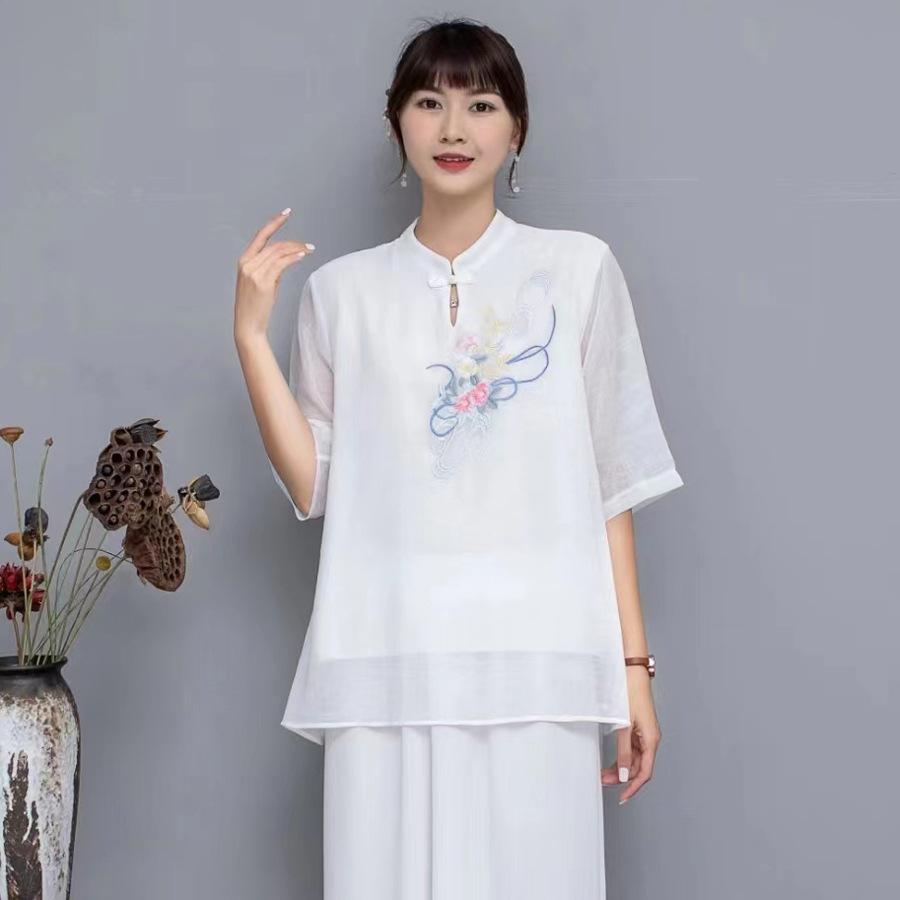 New Chinese Style Embroidery Zen Tea Clothes Summer Zen Dance Dresses New Chinese Women's Clothing Hanfu Travel Clothing Mom Clothes