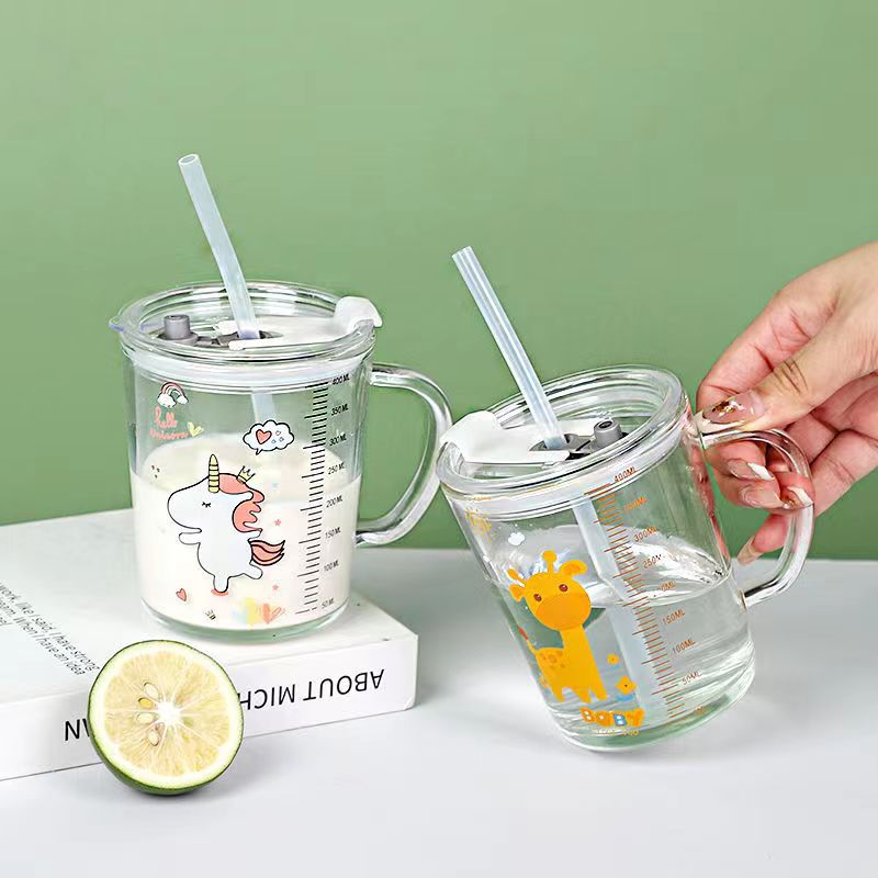 Children's Straw Scale Glass Cup Milk Cup Children's Cups Thick Heat-Resistant Large Capacity with Transparency Cover Water Cup