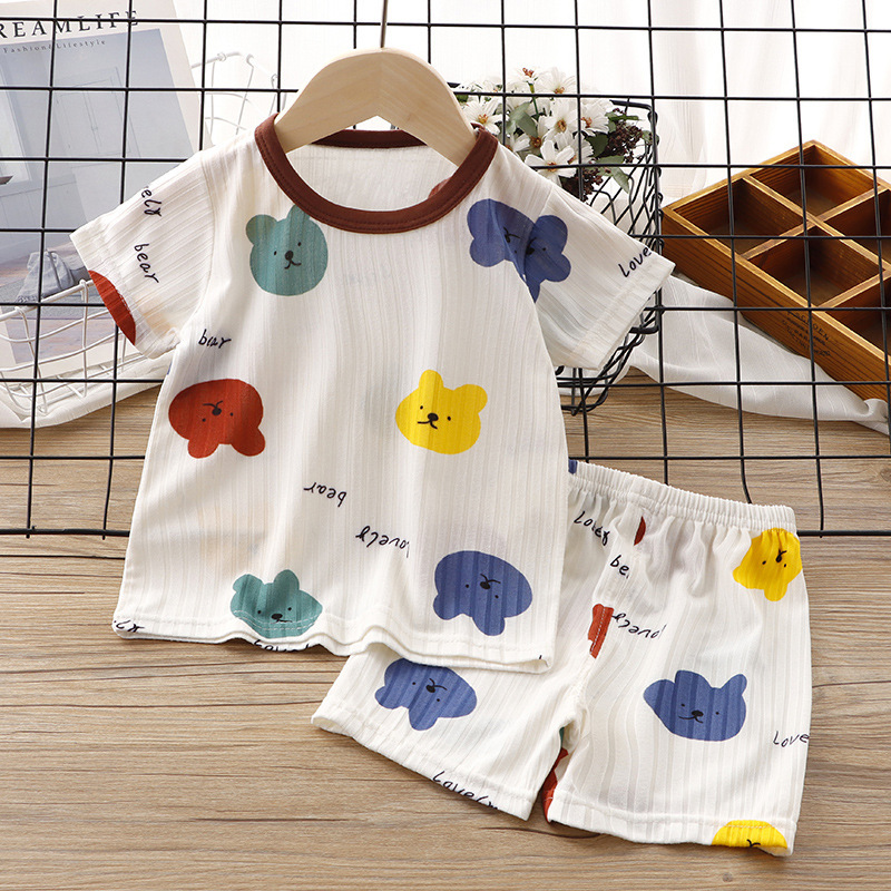 Children's Summer Clothes Baby Ice Silk Short Sleeve Suit Baby Thin Pajamas Boys' Air Conditioning Clothes Girls' Two-Piece Suit Summer Baby Clothes