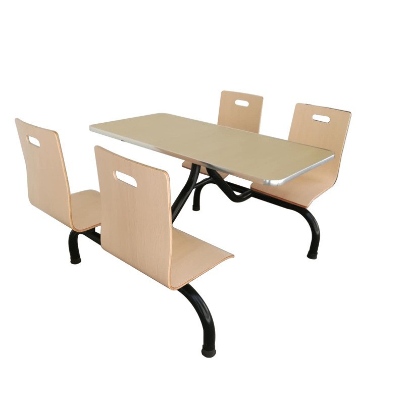 曲木桌椅一体4人位食堂小吃店奶茶快餐店简约曲木连体桌椅