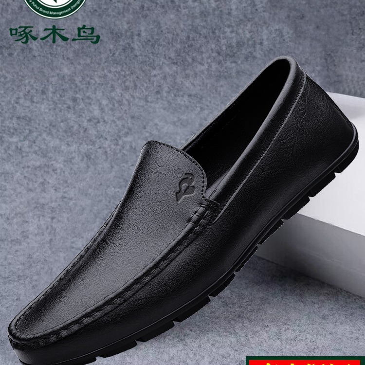 啄木鸟皮鞋男2024春季男士百搭潮鞋软底豆豆鞋男款真皮透气休闲鞋