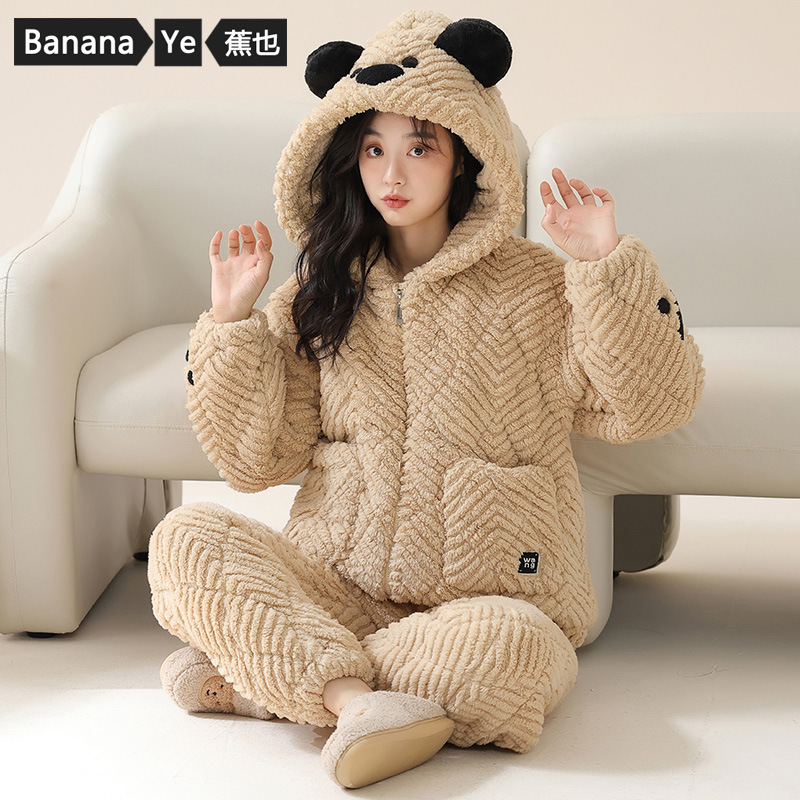 new winter pajamas women‘s fleece-lined thick coral fleece three-layer quilted cardigan hooded simple homewear suit