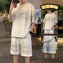 新中式男中国风T恤男青少年圆领短袖T恤夏季复古竹子绣花短裤套装