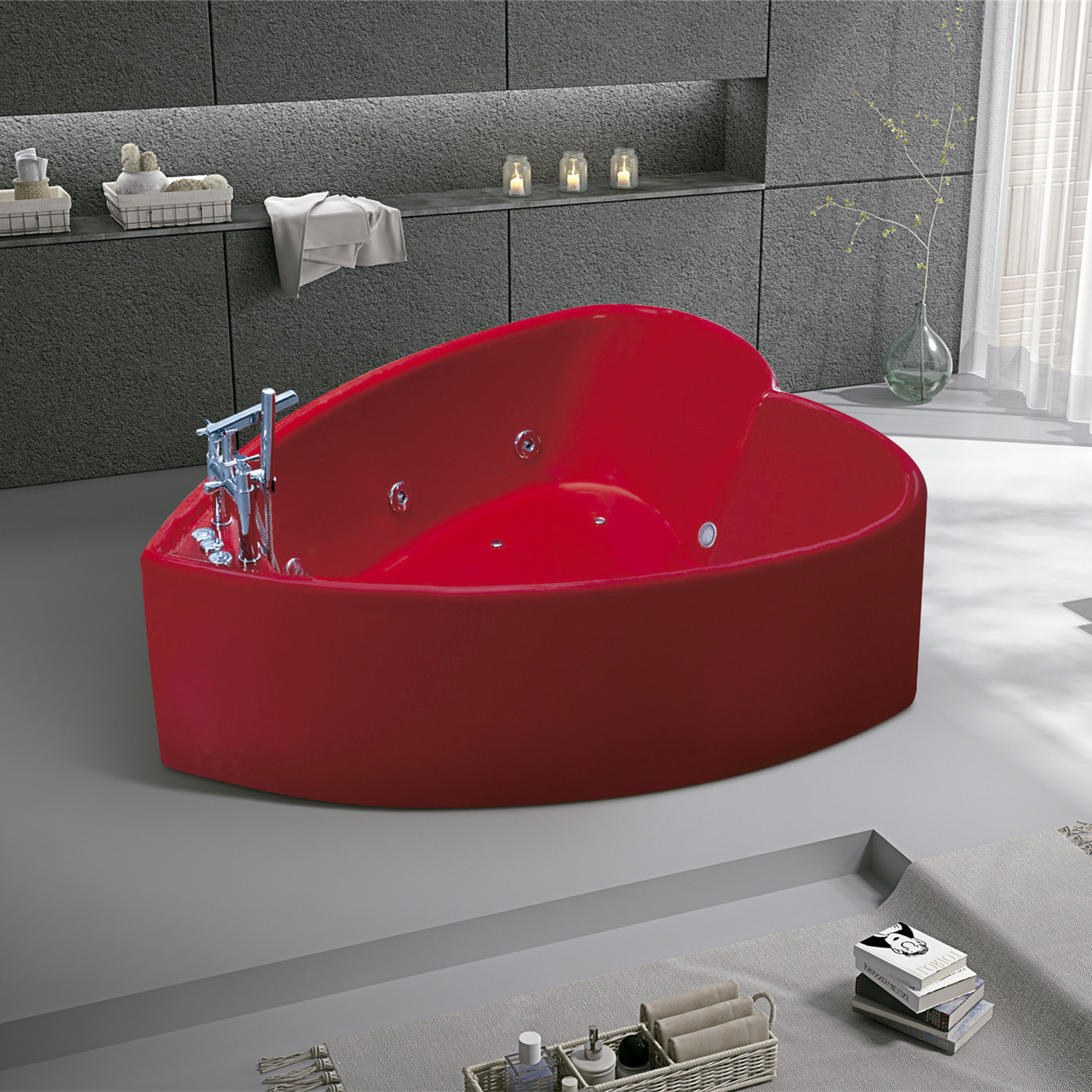 厂家供应独立式贵妃浴缸酒店家用厚边红色现代缸亚克力按摩浴池
