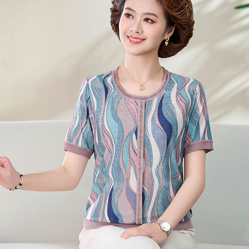 Mom Summer Clothes Western Style Slimming Thin Ice Silk Shirt Middle-Aged and Elderly Loose Short-Sleeved T-shirt 40-50 Years Old Fashion Tops