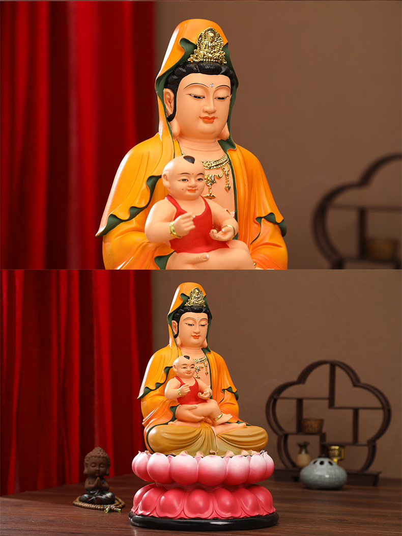 送子观音佛像12寸树脂龙凤胎求子娘娘家用供奉观音菩萨摆件