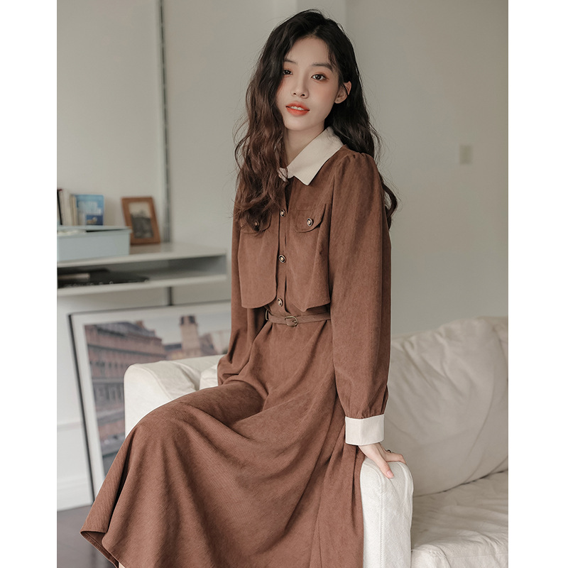 One Piece Dropshipping 2023 Autumn and Winter New French Style Retro Elegant Corduroy Long Sleeve Fake Two-Piece Dress Zz3185