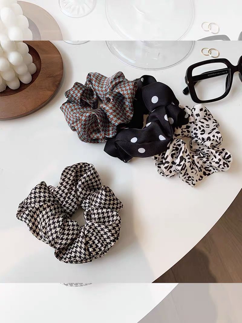 千鸟格拼色大肠发圈时髦港风蝴蝶结飘带复古发带网红少女发绳头饰
