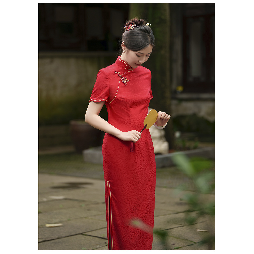 新款红色真丝立领高档长款旗袍中国风提花民国风低开叉改良连衣裙