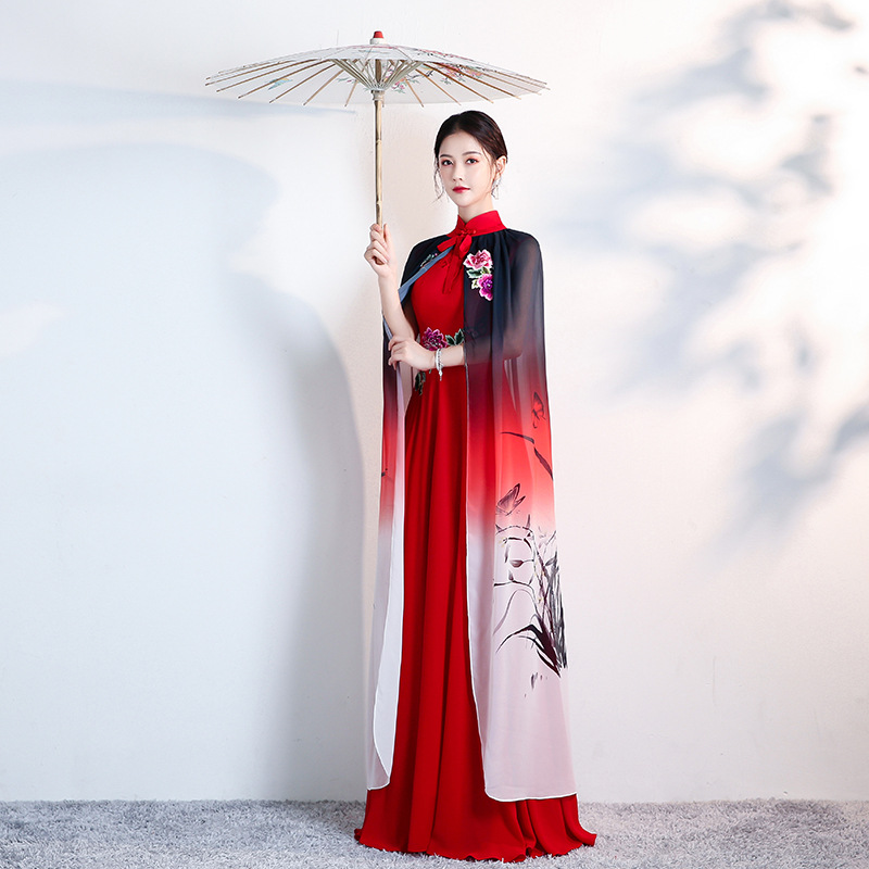 新款走秀旗袍披风晚礼服气质舞台表演服装中国风合唱团演出服长裙