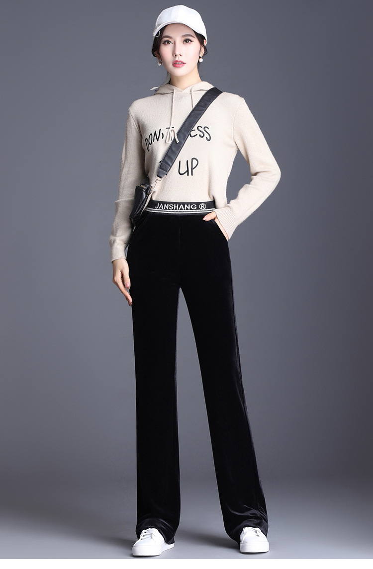 金丝绒阔腿裤秋冬妈妈装松紧高腰宽松休闲裤大码女装直筒裤长裤子