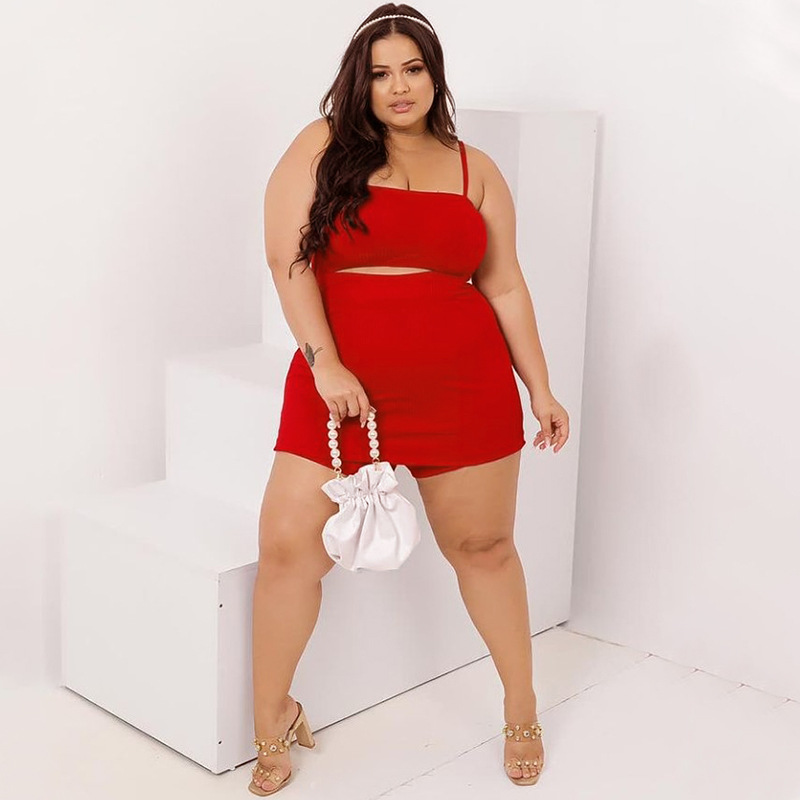 跨境货源亚马逊欧美大码女装夏季性感包臀吊带两件套纯色裙裤套装