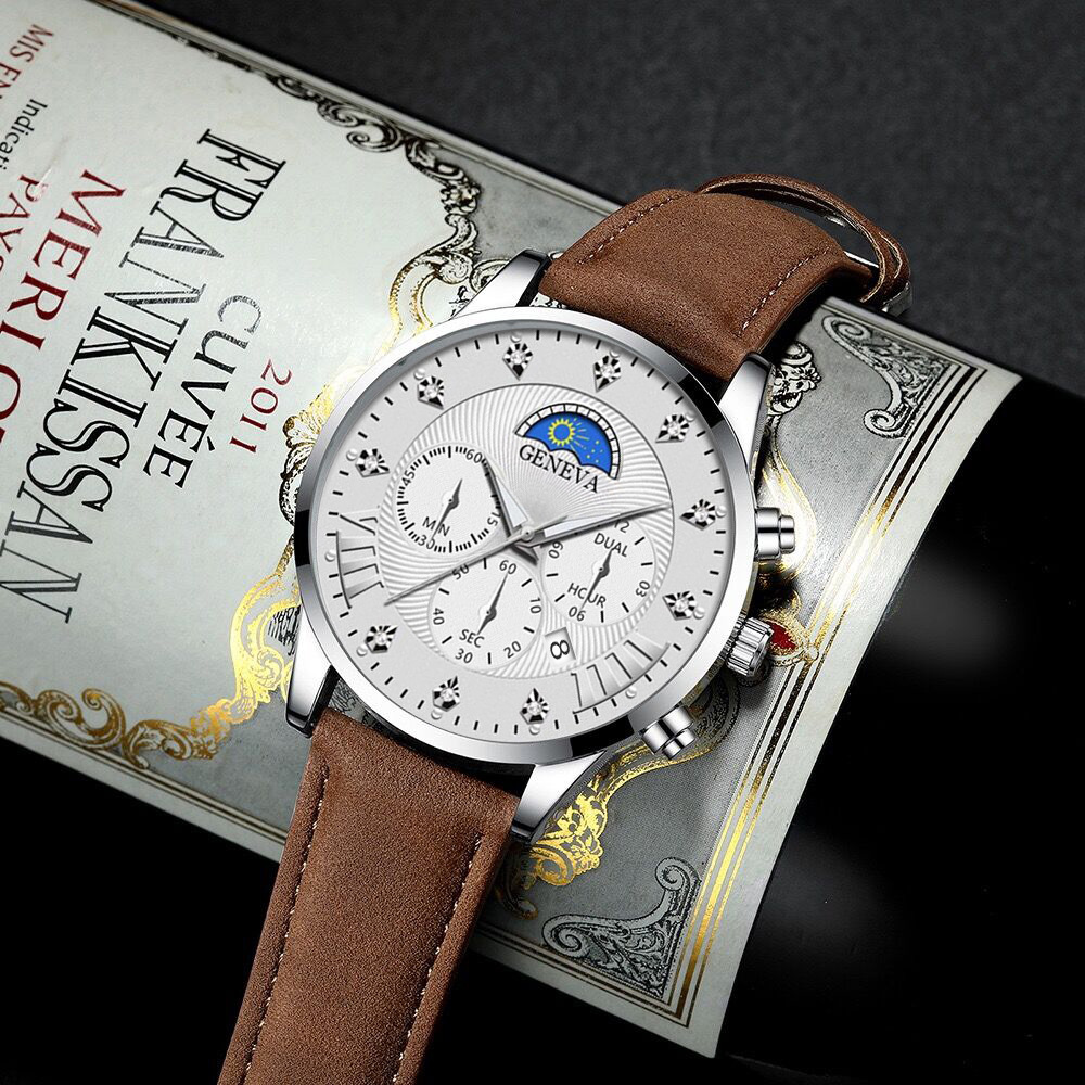 新款大卖日月星辰男士皮带手表时尚潮流假三眼日历石英表男款代发