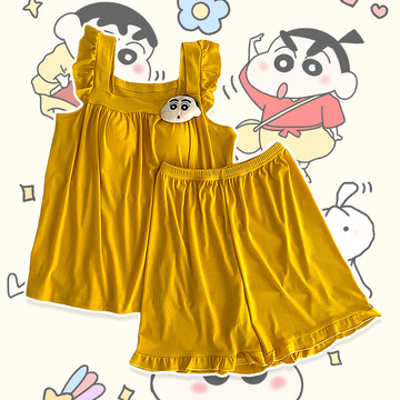 可爱蜡笔小新吊带睡衣女带胸垫夏季冰丝螺纹甜美学生家居服套装