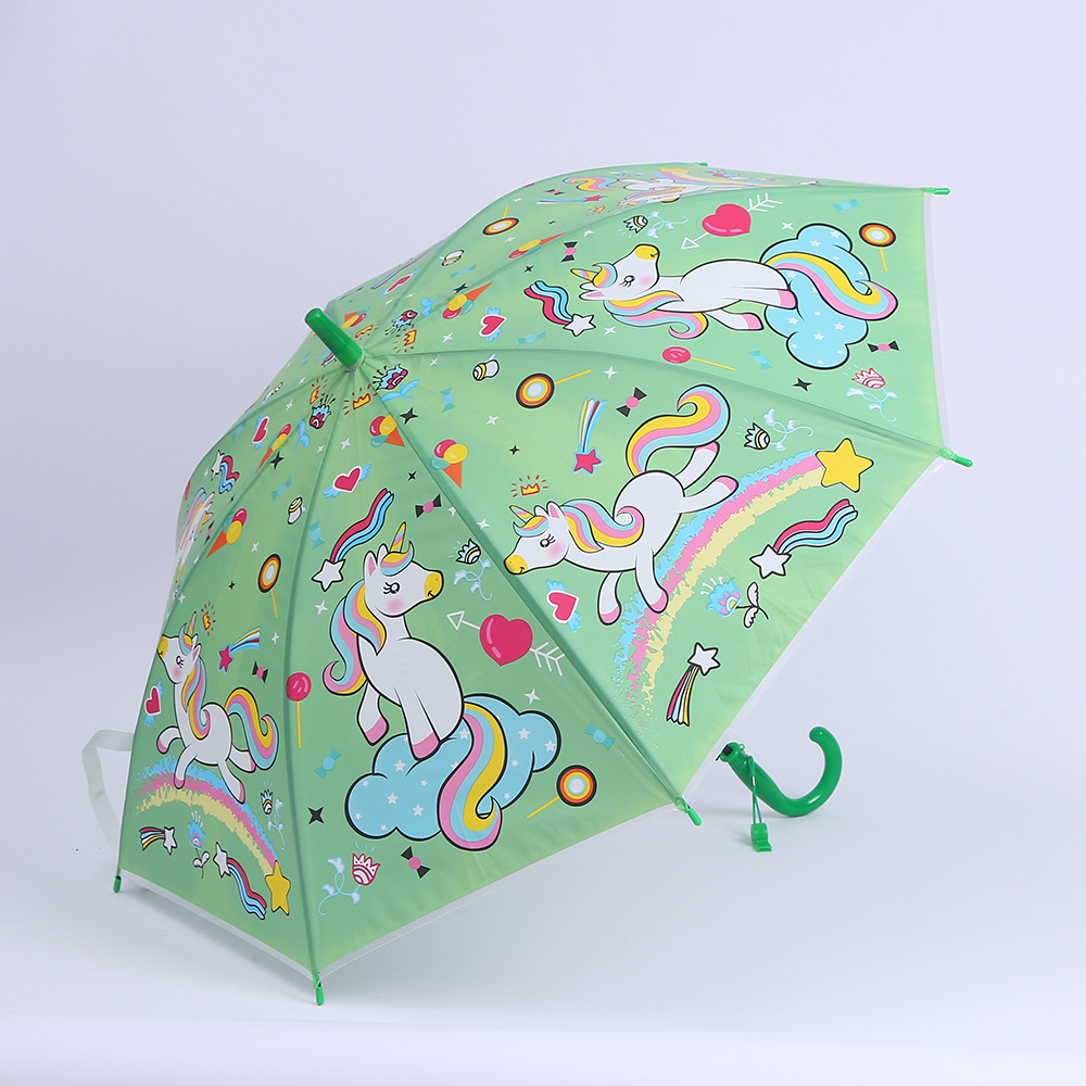 Children's Umbrella Creative Cute Cartoon Colorful 8-Bone Handle Unicorn Student Umbrella with Whistle Children Rain Gear