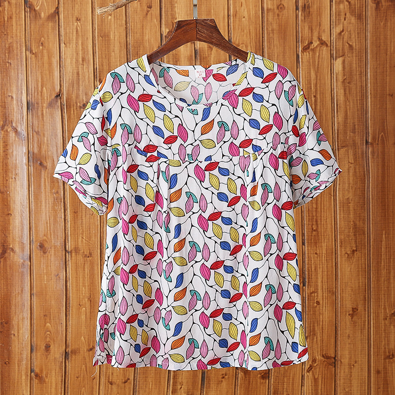 中老年女装夏季短袖人造棉妈妈装圆领简约小衫宽松上衣2021年