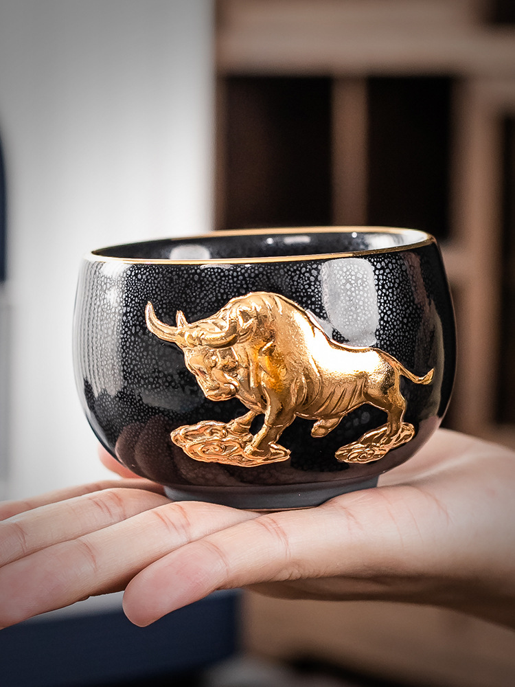 建盏原矿釉手作天目金牛葫芦24k金鎏金杯 茶杯主人杯家用礼品茶盏