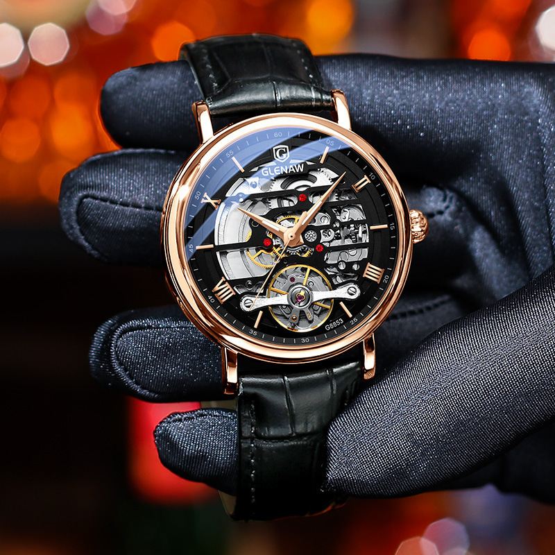 包邮格伦皮带防水机械表时尚全自动镂空机械男士手表直供男表批发
