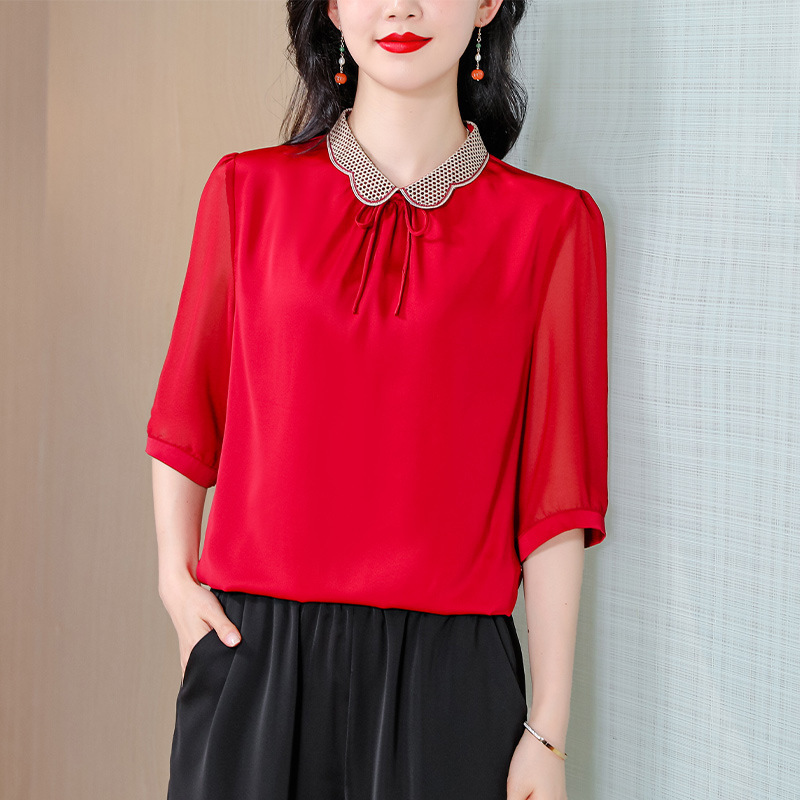 夏季中老年妈妈休闲短袖洋气百搭薄款真丝t恤上衣 2024新款小衫女