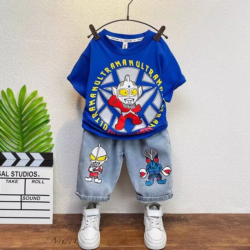 夏季奥特曼衣服男童短袖套装儿童2024新款洋气两件套痞帅童装