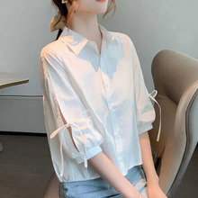 纯棉短袖白衬衫女夏季新款设计感小众时尚宽松法式百搭灯笼袖衬衣