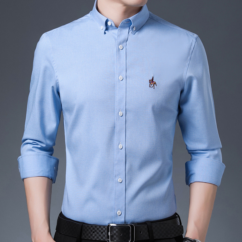 New Long Sleeve Shirt Men's Slim Fit Business Leisure Iron-Free Formal Wear Draping Bamboo Fiber Blue Business Shirt Tide