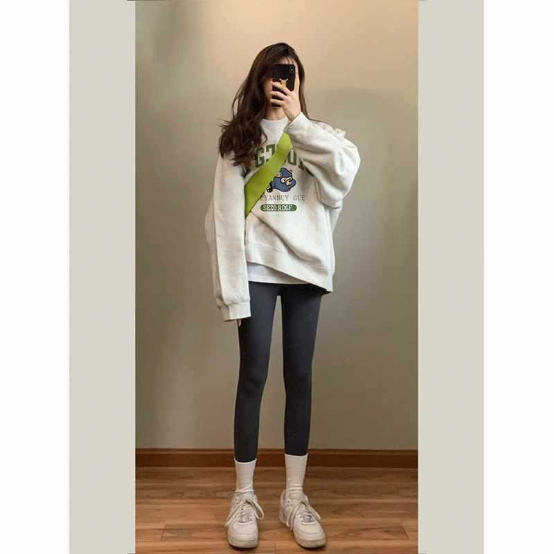 美式灰色加绒卫衣女款春秋2023新款爆款小个子鲨鱼裤搭配的上衣冬