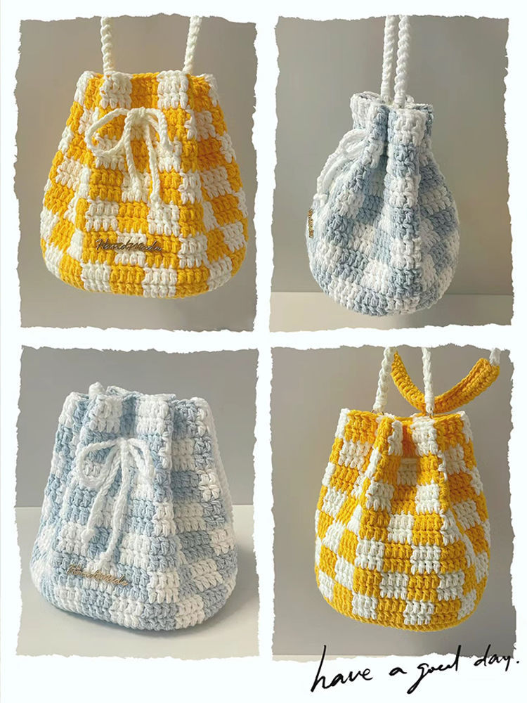 新手初学简单手工编织diy材料包毛线钩针棋盘格水桶包束口袋自制