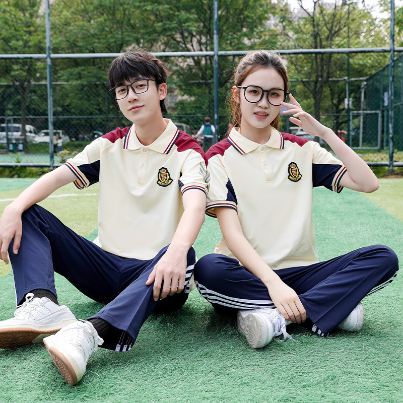 夏季款米色中学生校服短袖套装夏天初高中生小学生班服男女两件套