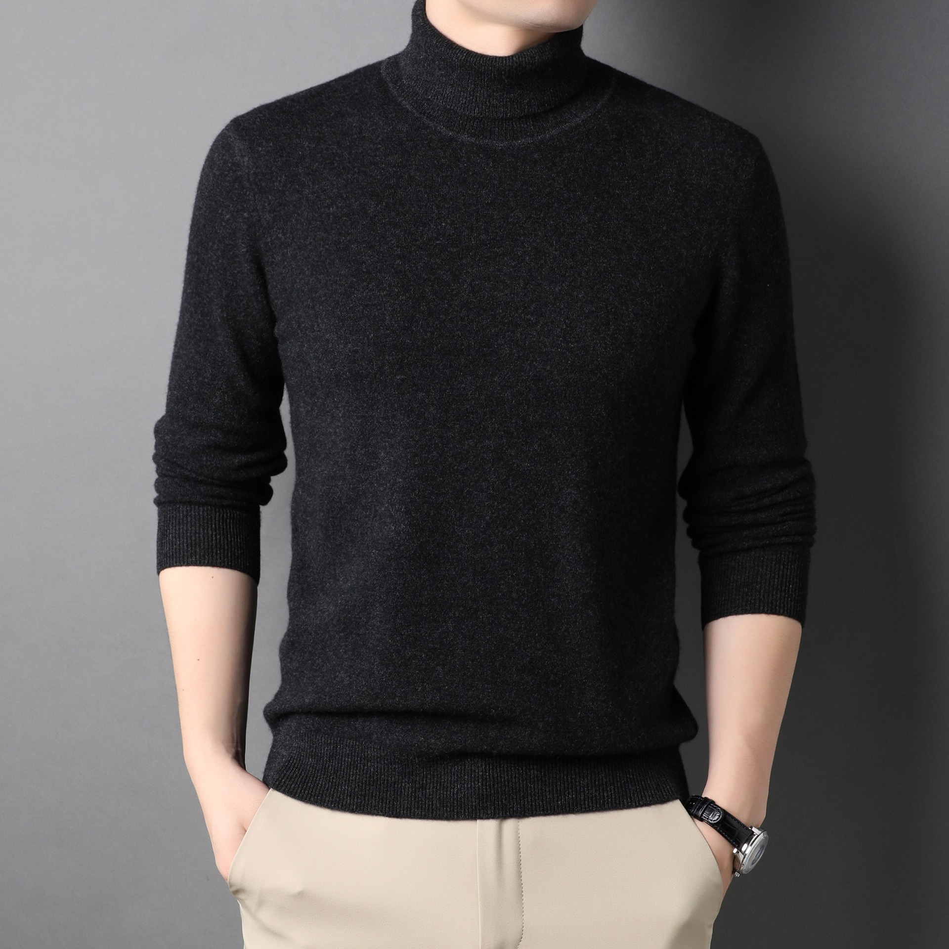 新2021秋冬羊毛加厚长袖青年羊毛衫韩版黑色男士高领毛衣男装