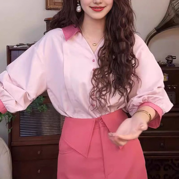 抖音爆款 夏季新款粉色拼接撞色短袖衬衫女 显瘦半身裙套装两件套