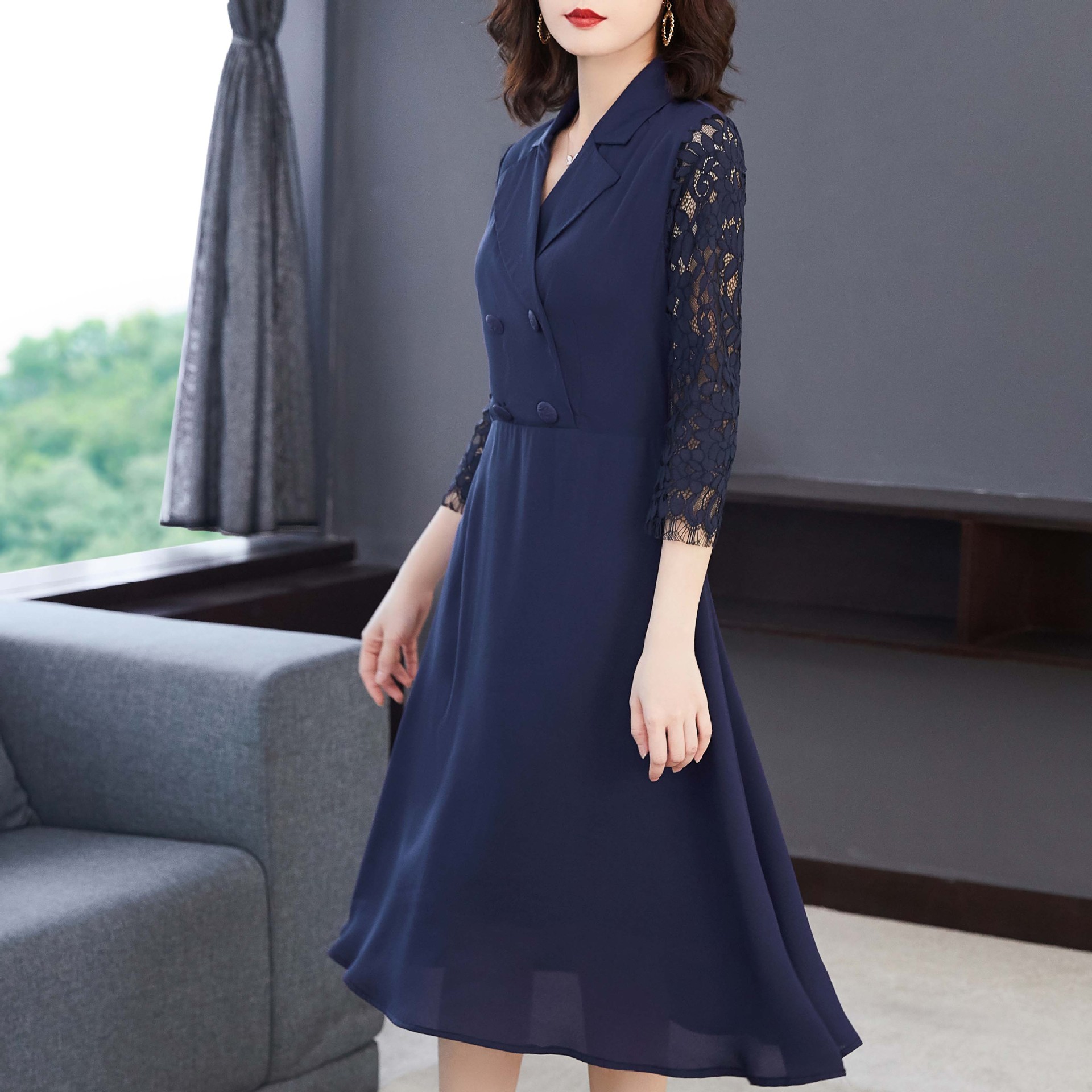 连衣裙春季2021年新款女装时尚气质修身七分袖雪纺中长款裙子