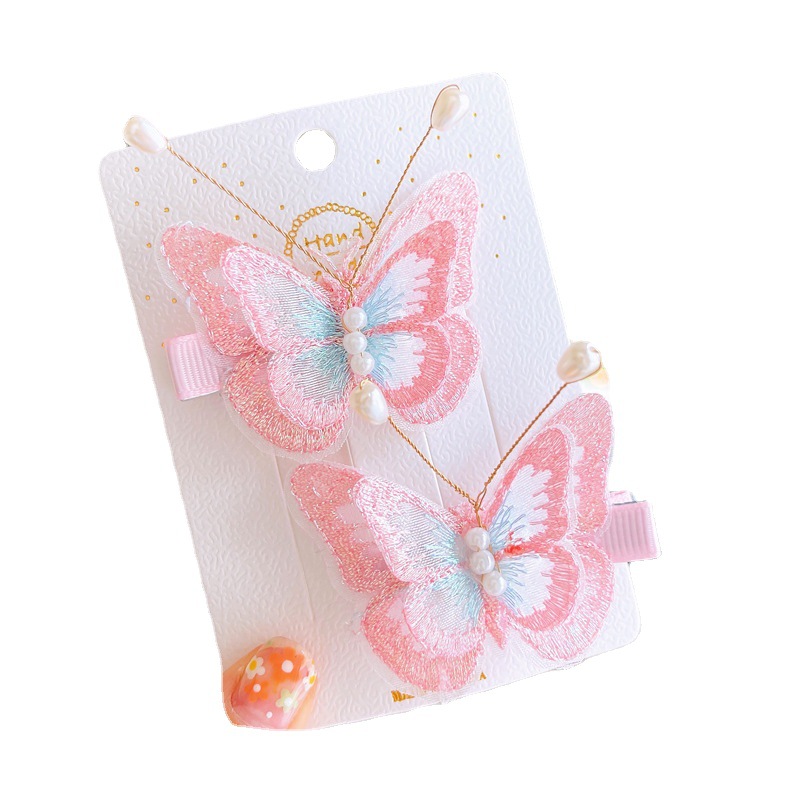 Korean Style Fresh Girls Hairpin Double-Layer Embroidery Bow Duckbill Clip Baby Hair Clip Girl Antique a Pair of Hairclips