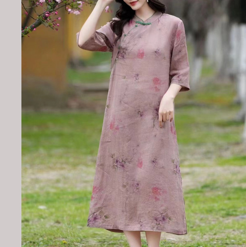 复古民族风苎麻旗袍连衣裙女装春夏季印花长款宽松盘扣茶服-阿里巴巴