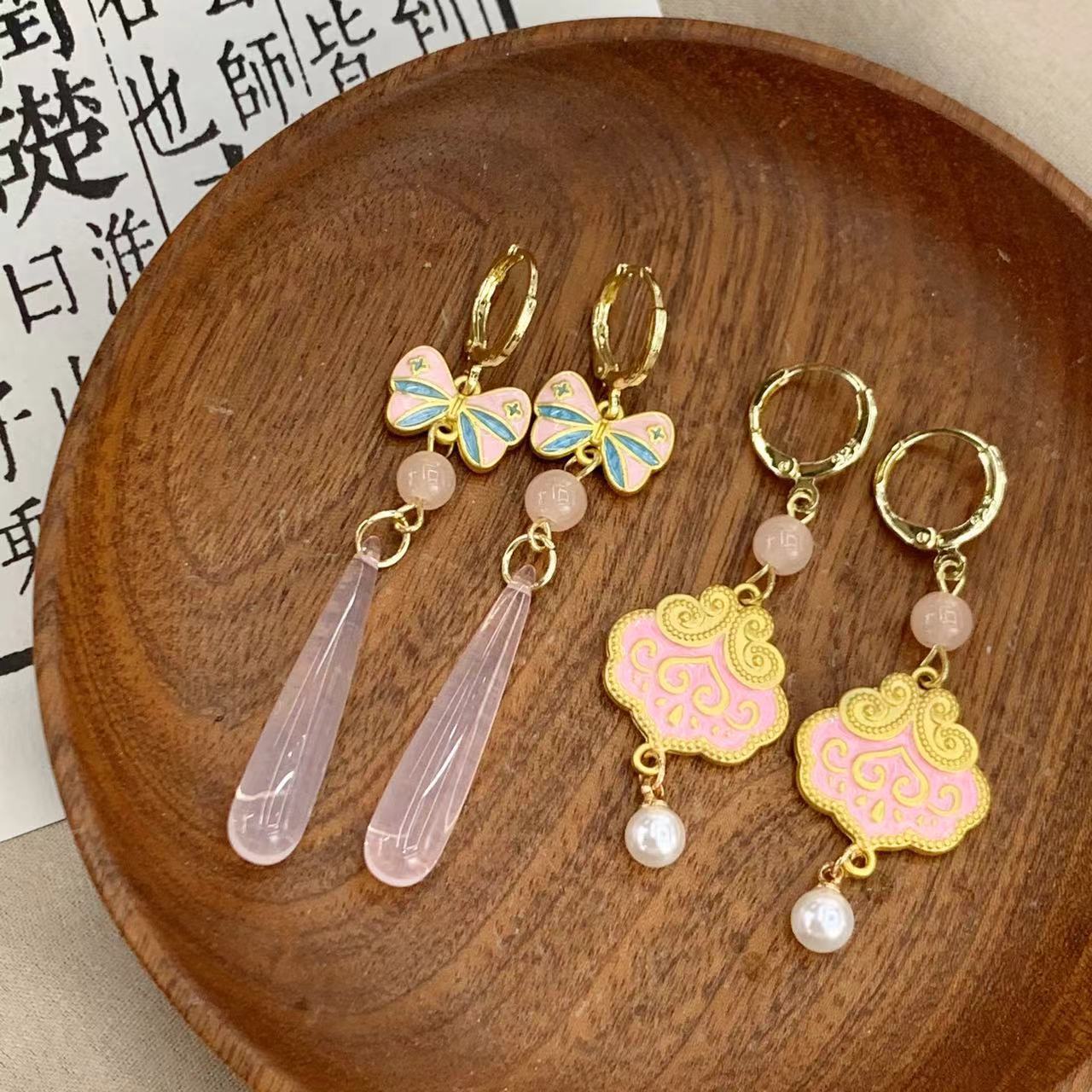 新中式蝴蝶结金锁古风耳坠流苏水滴汉服配饰耳环气质国风旗袍耳饰