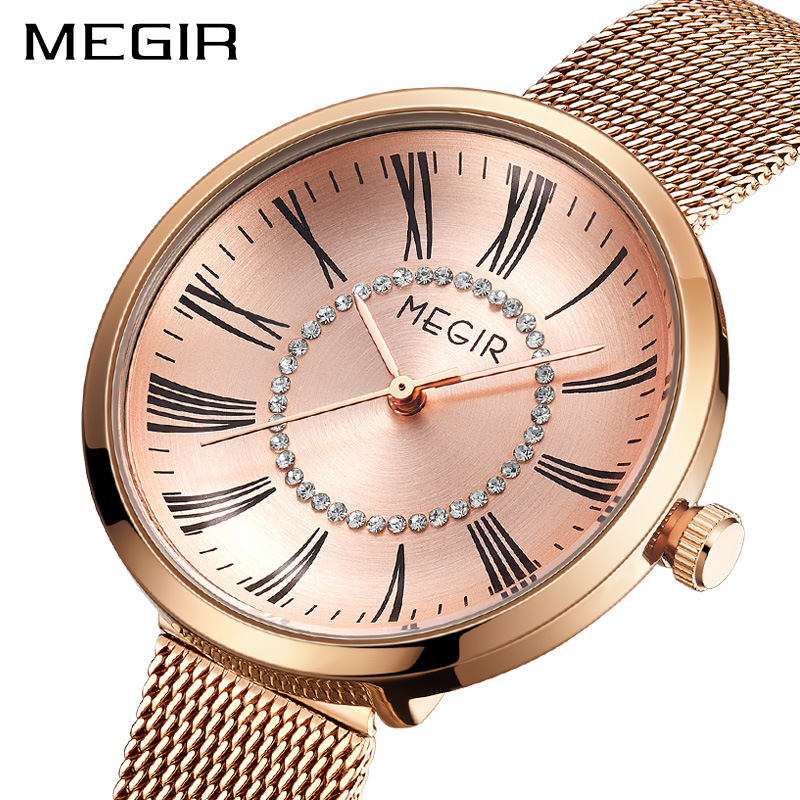 美格尔megir女士手表 品质铜壳轻奢镶钻钢表进口机芯石英女表7014