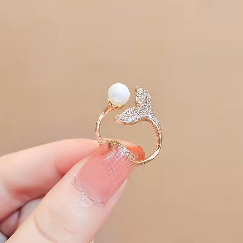 New Pearl Fishtail Ring Fashion Personality Ins Trendy High Sense Switchable Index Finger Ring Special-Interest Design Simple Ring
