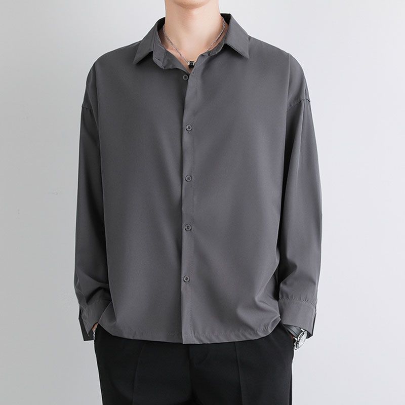宽松禁欲系灰色衬衫男长袖坠感高级设计感慵懒风痞帅气质衬衫