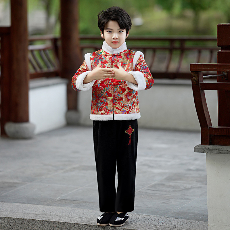 儿童汉服拜年服加厚加绒冬季新款男女童红色唐装过年服中国风礼服