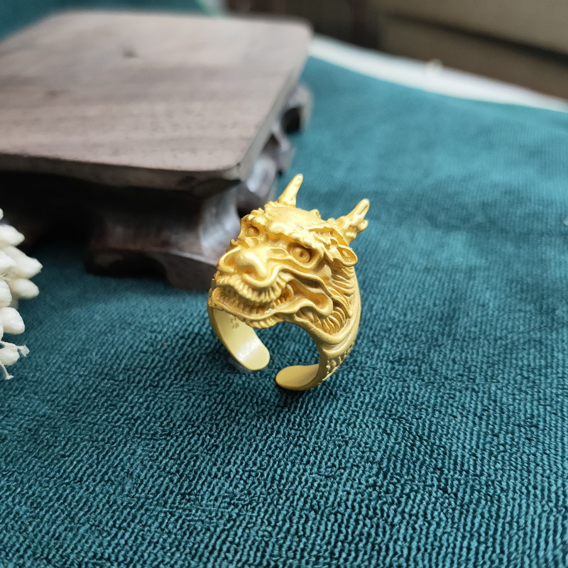 龙头金戒指男士越南沙可调节霸气社会麒麟电镀金色镀活口指环首饰