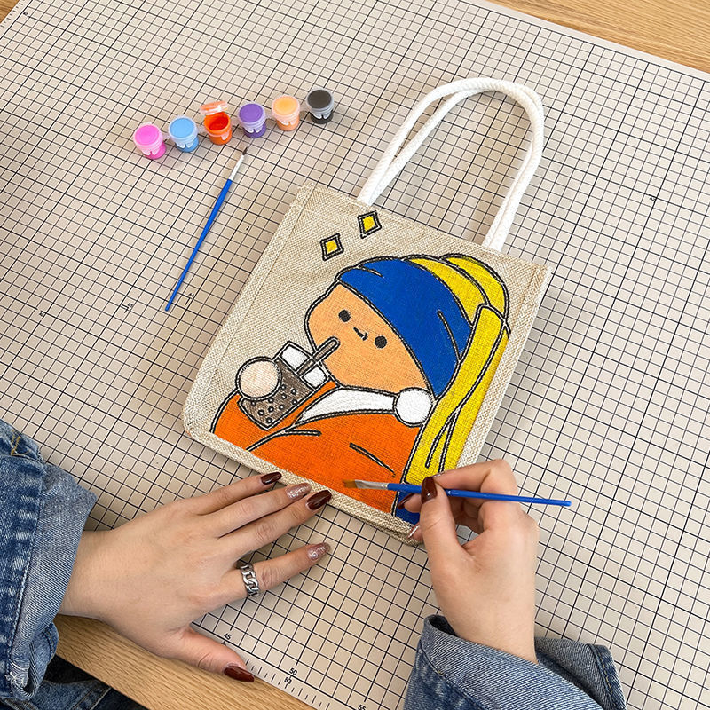 自制涂鸦diy材料包涂色袋手工包手提手绘帆布包麻布包2021新款潮