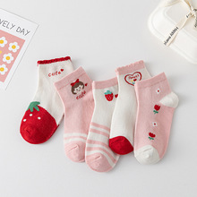 5双 儿童袜子夏季新款草莓女孩船袜女童薄款网眼透气短袜棉袜批发