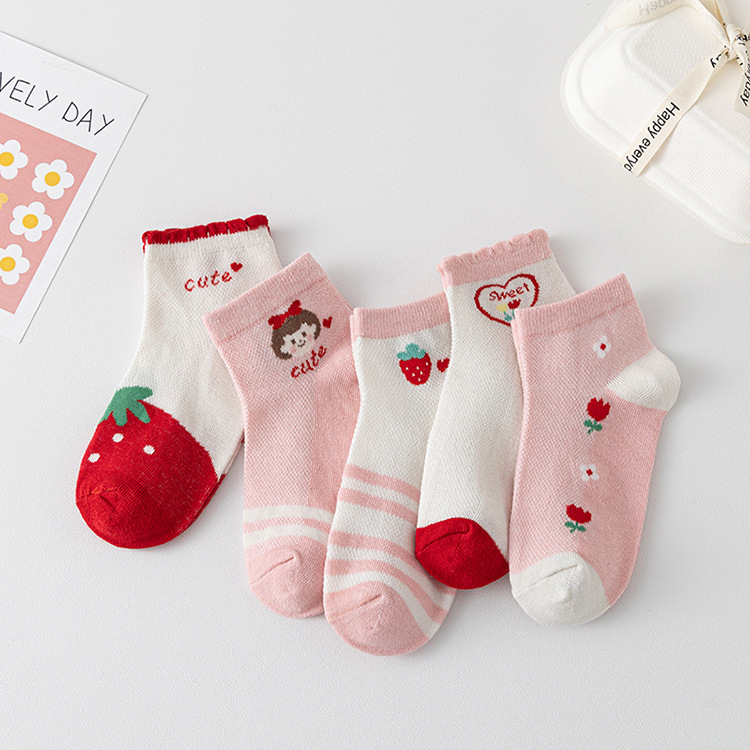 5双 儿童袜子夏季新款草莓女孩船袜女童薄款网眼透气短袜棉袜批发