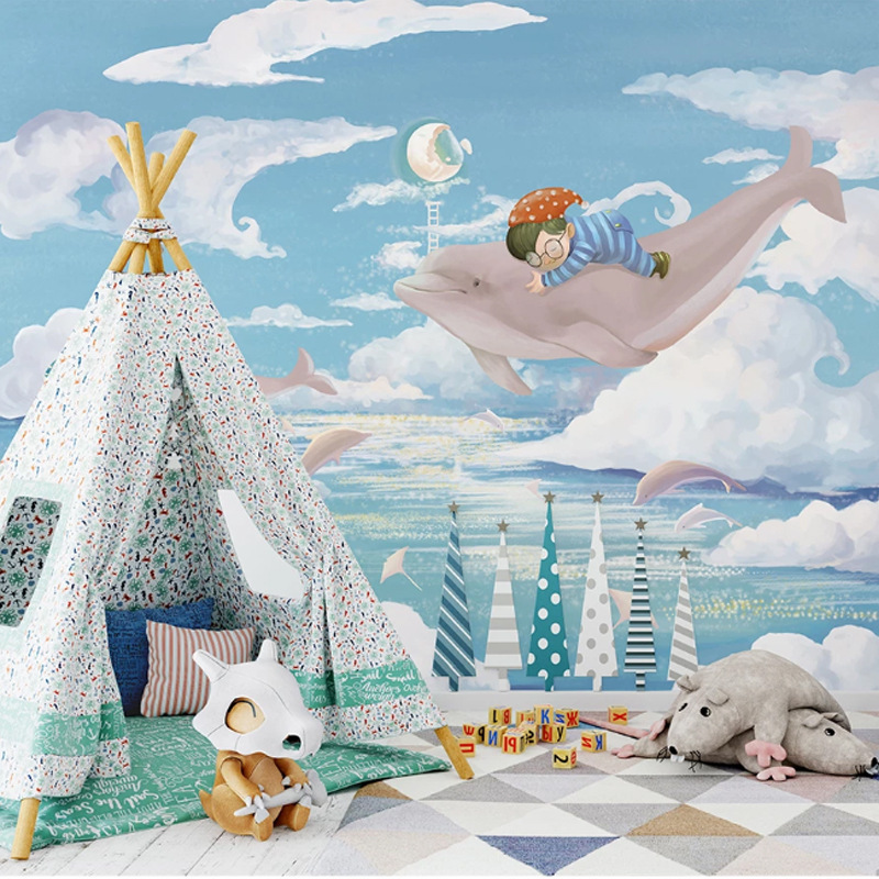 简约手绘卡通儿童房背景墙海洋墙纸海豚墙布壁纸卧室可爱壁纸北欧